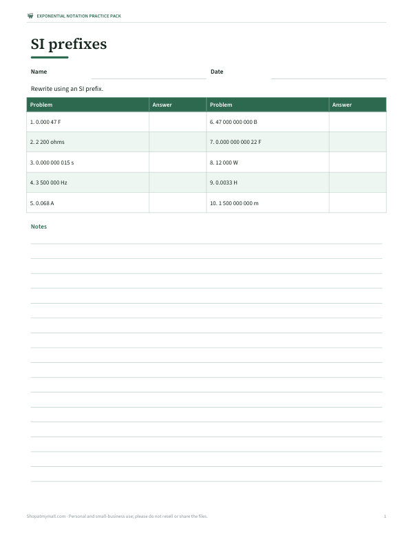 Preview of Printable SI Prefix Worksheet