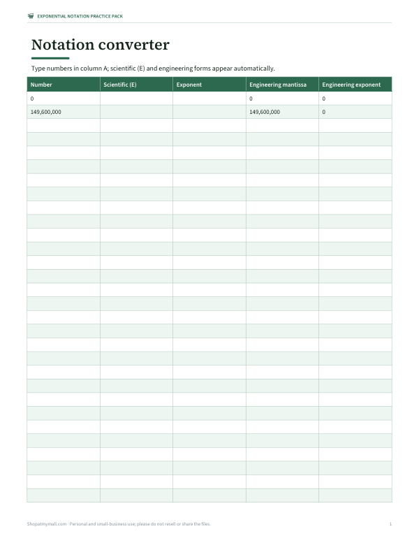 Preview of Exponential Notation Converter Sheet